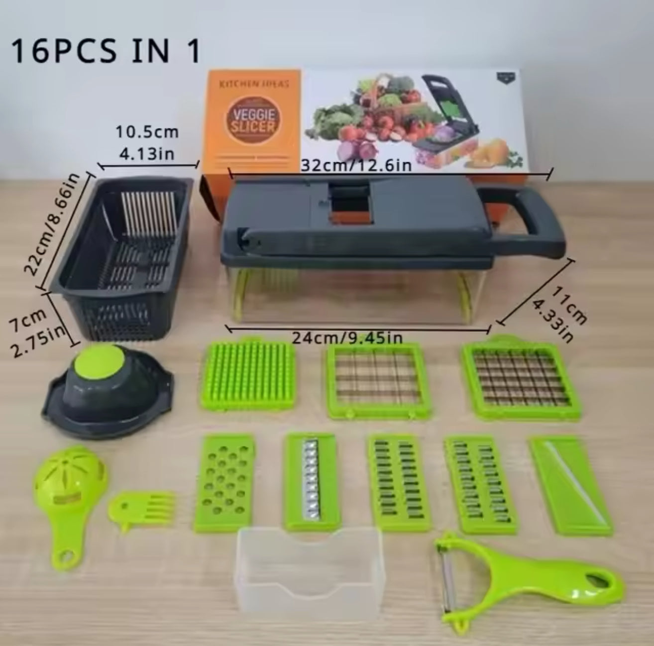 16-Piece Vegetable Chopper and Slicer Set: Multi-Functional Onion Chopper with Handle, Food Grater, Dicer, and Potato Shredder for Kitchen Use.