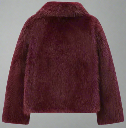 Women’s Plush Fur Coat - Burgundy Bomber Jacket, Solid Color, Cropped Long Sleeve Design, Warm and Casual Winter Outerwear for Women.