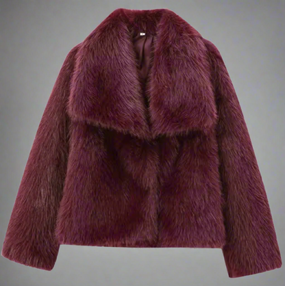 Women’s Plush Fur Coat - Burgundy Bomber Jacket, Solid Color, Cropped Long Sleeve Design, Warm and Casual Winter Outerwear for Women.