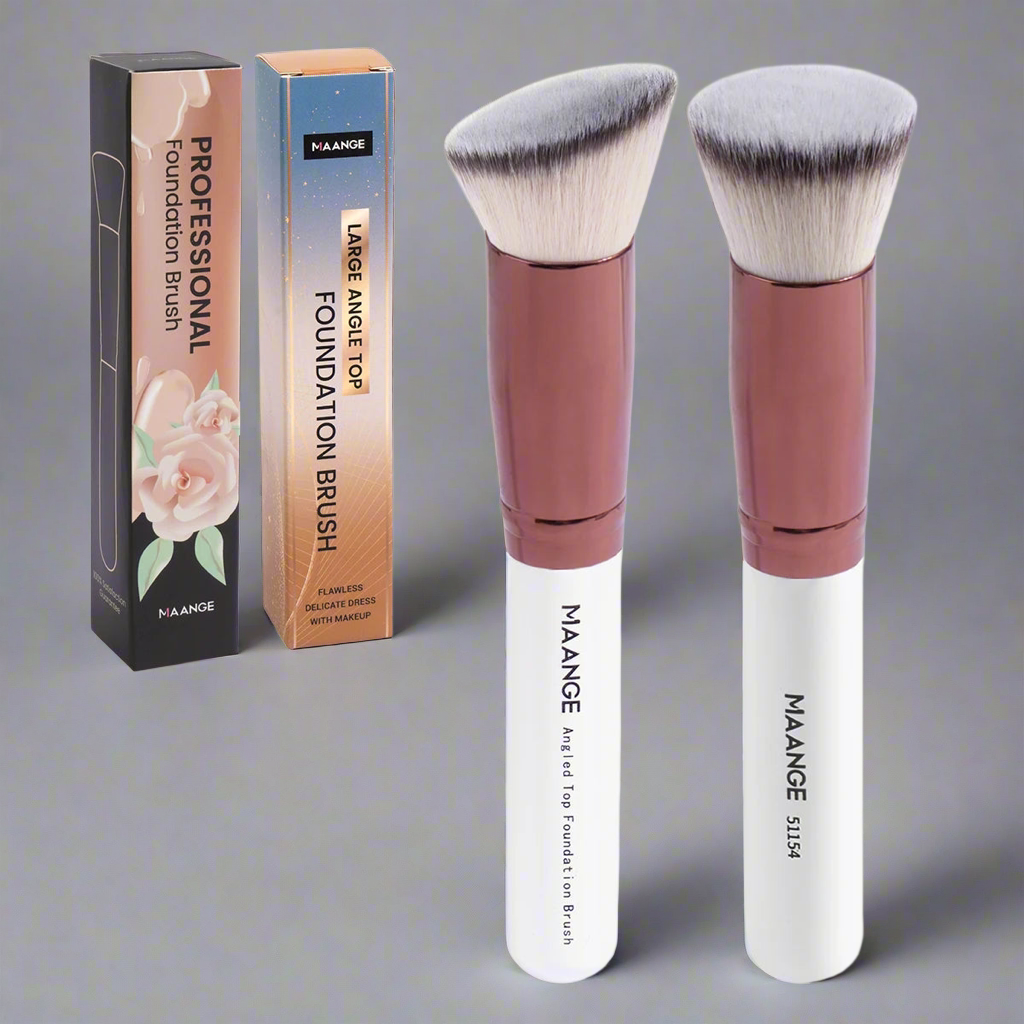 MAANGE 2PCS Foundation Brush Set - Flat Angled Kabuki and Powder Blush Brushes with Soft Bristles for Liquid Makeup - Professional Cosmetic Tools.