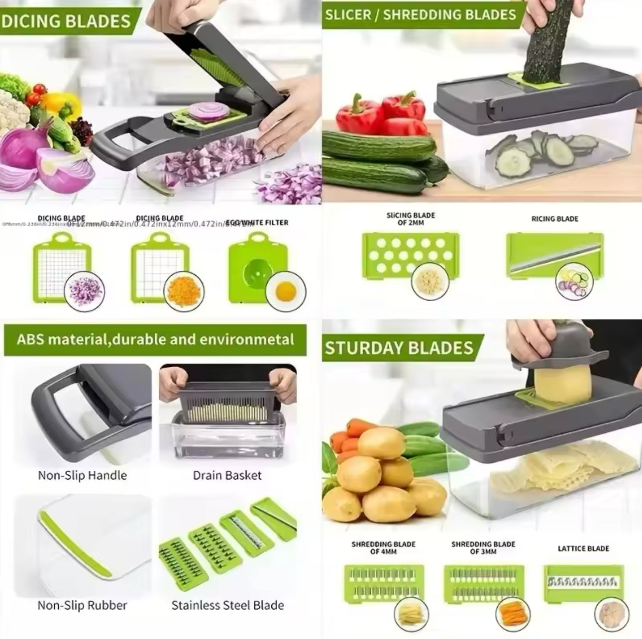 16-Piece Vegetable Chopper and Slicer Set: Multi-Functional Onion Chopper with Handle, Food Grater, Dicer, and Potato Shredder for Kitchen Use.