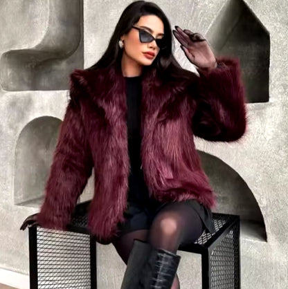 Women’s Plush Fur Coat - Burgundy Bomber Jacket, Solid Color, Cropped Long Sleeve Design, Warm and Casual Winter Outerwear for Women.