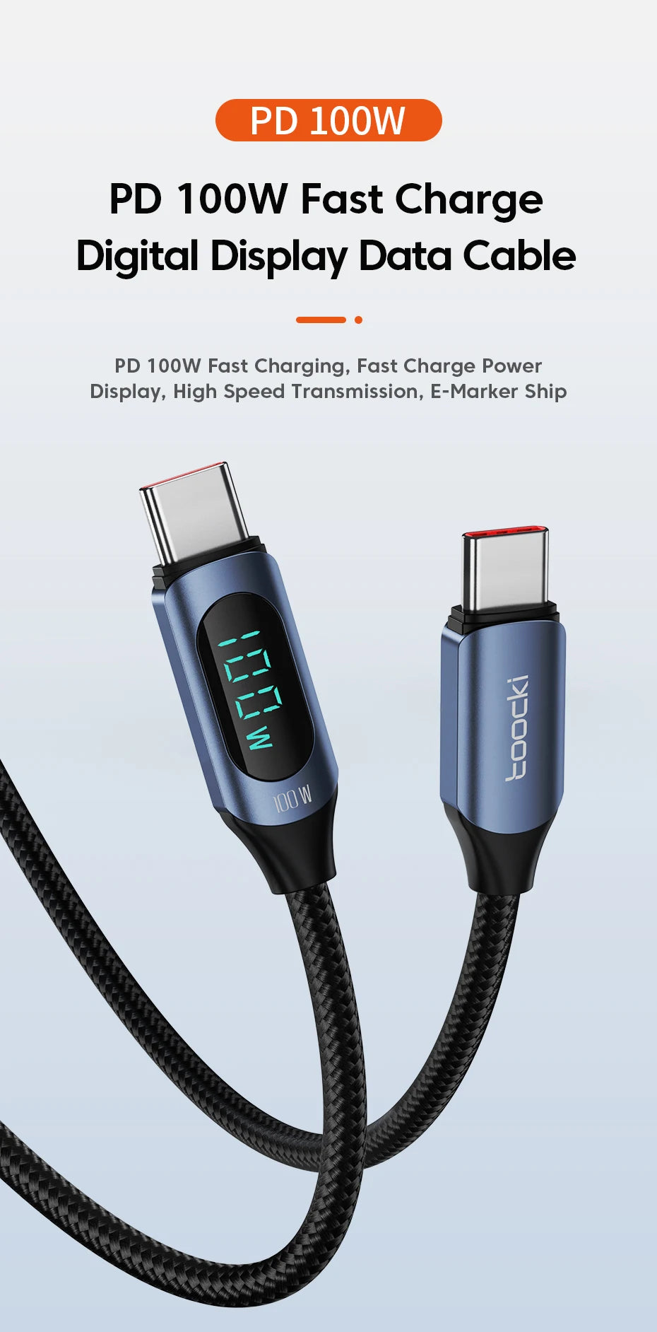 Toocki Type-C to Type-C Cable 100W PD Fast Charging - USB-C Display Cable Compatible with Xiaomi POCO F3, Realme, MacBook, and iPad