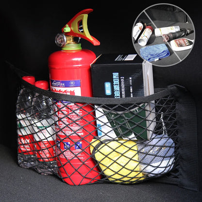 Car Rear Back Mesh Trunk Seat Organizer - Elastic String Net with Magic Sticker, Universal Storage Pocket for Seat Back - Auto Organizer Bag.