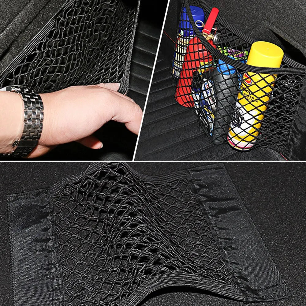 Car Rear Back Mesh Trunk Seat Organizer - Elastic String Net with Magic Sticker, Universal Storage Pocket for Seat Back - Auto Organizer Bag.