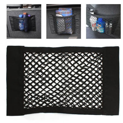 Car Rear Back Mesh Trunk Seat Organizer - Elastic String Net with Magic Sticker, Universal Storage Pocket for Seat Back - Auto Organizer Bag.