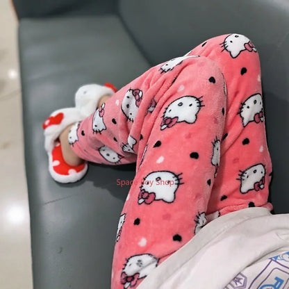 Thick Hello Kitty Pajama Pants - Sanrio Anime Fleece Double Elastic Fabric Soft Trousers for Women - Cute Cartoon Design Perfect for Birthday Gifts.