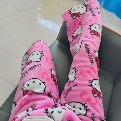 Thick Hello Kitty Pajama Pants - Sanrio Anime Fleece Double Elastic Fabric Soft Trousers for Women - Cute Cartoon Design Perfect for Birthday Gifts.