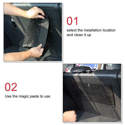 Car Rear Back Mesh Trunk Seat Organizer - Elastic String Net with Magic Sticker, Universal Storage Pocket for Seat Back - Auto Organizer Bag.