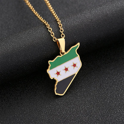 Stainless Steel Syria Map Flag Pendant Necklace - Fashionable Syrian Map Chain Jewelry for Women and Men - Hip-Hop Style Necklace Decoration.