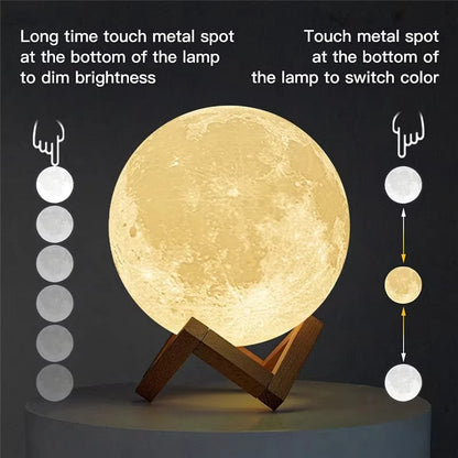 8cm Moon Lamp LED Night Light - Battery Powered with Stand - Starry Lamp for Bedroom Decor