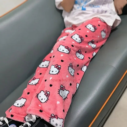 Thick Hello Kitty Pajama Pants - Sanrio Anime Fleece Double Elastic Fabric Soft Trousers for Women - Cute Cartoon Design Perfect for Birthday Gifts.