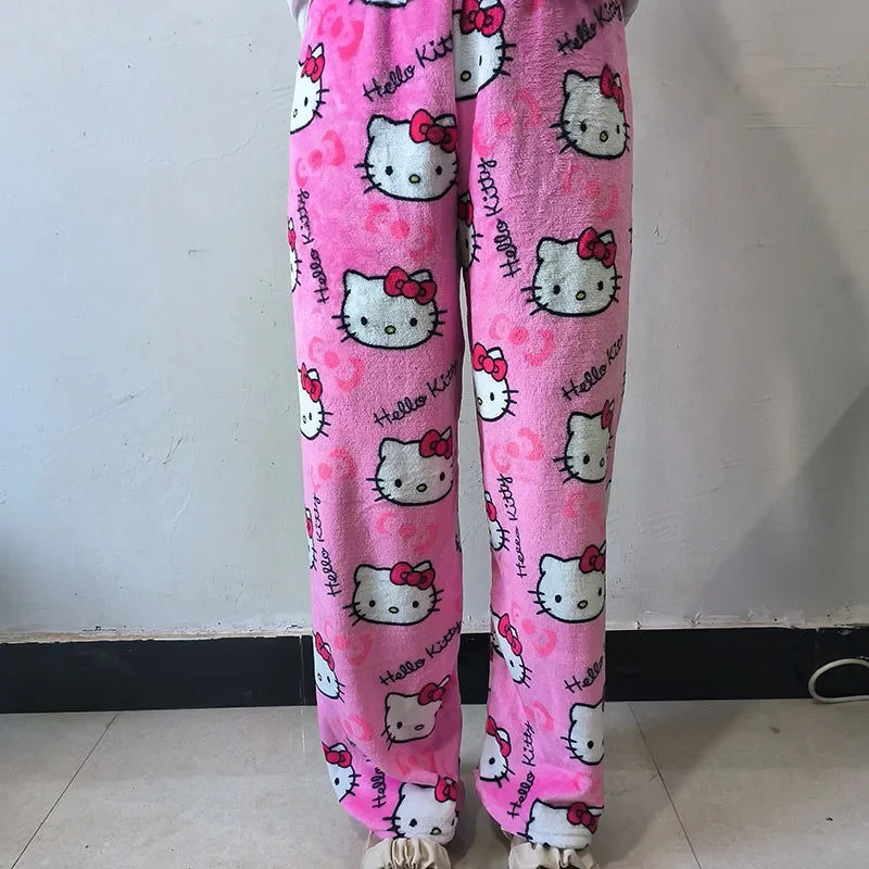 Thick Hello Kitty Pajama Pants - Sanrio Anime Fleece Double Elastic Fabric Soft Trousers for Women - Cute Cartoon Design Perfect for Birthday Gifts.