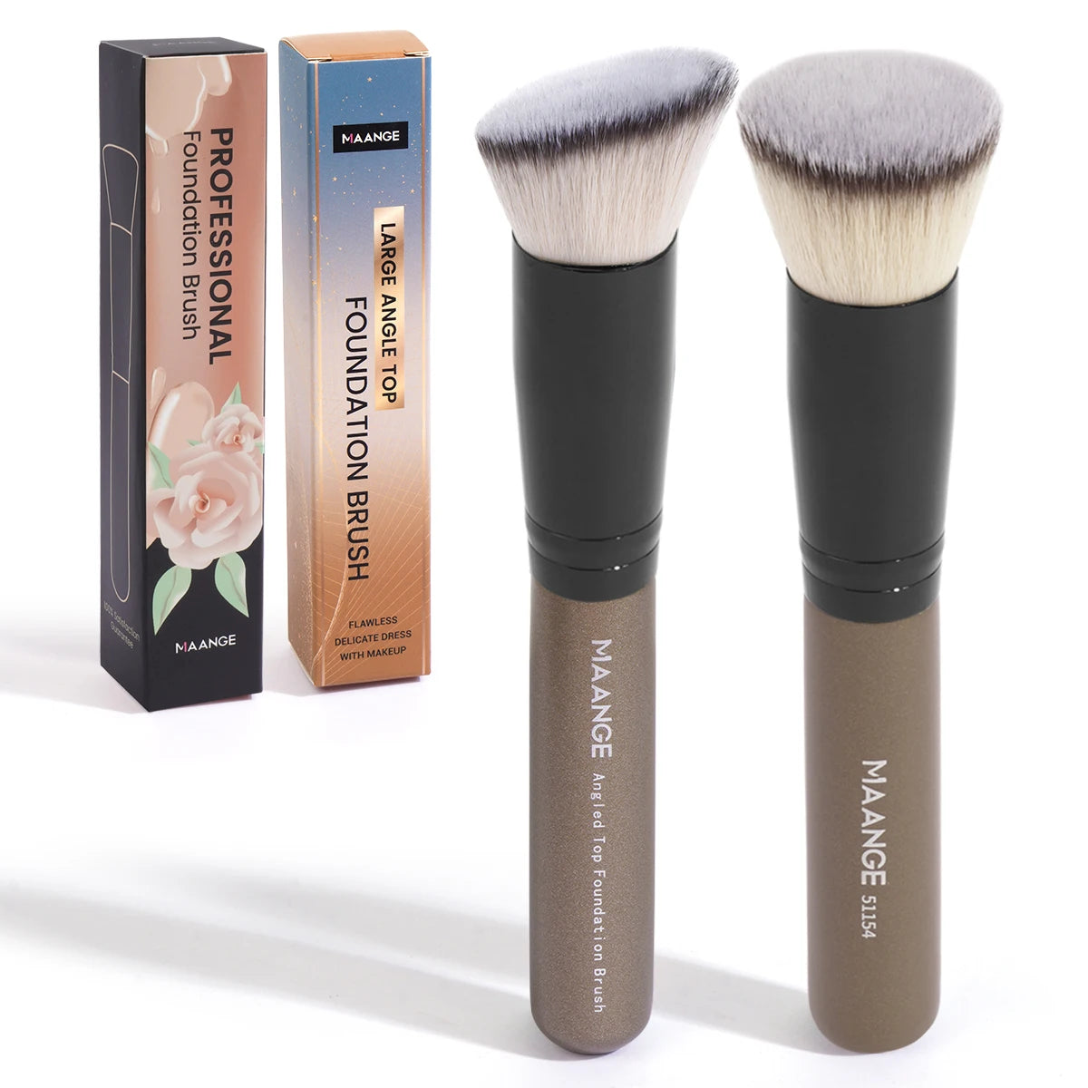 MAANGE 2PCS Foundation Brush Set - Flat Angled Kabuki and Powder Blush Brushes with Soft Bristles for Liquid Makeup - Professional Cosmetic Tools.