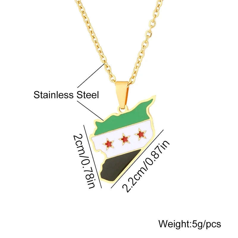 Stainless Steel Syria Map Flag Pendant Necklace - Fashionable Syrian Map Chain Jewelry for Women and Men - Hip-Hop Style Necklace Decoration.