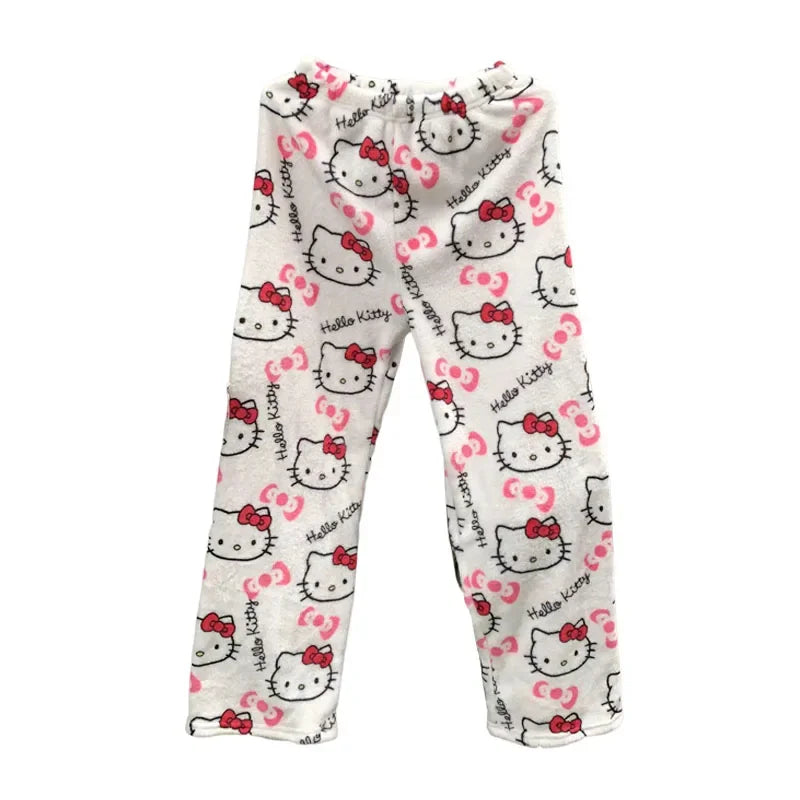 Thick Hello Kitty Pajama Pants - Sanrio Anime Fleece Double Elastic Fabric Soft Trousers for Women - Cute Cartoon Design Perfect for Birthday Gifts.