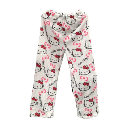 Thick Hello Kitty Pajama Pants - Sanrio Anime Fleece Double Elastic Fabric Soft Trousers for Women - Cute Cartoon Design Perfect for Birthday Gifts.