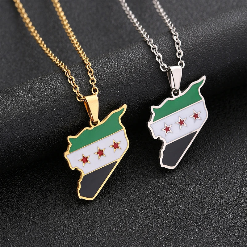 Stainless Steel Syria Map Flag Pendant Necklace - Fashionable Syrian Map Chain Jewelry for Women and Men - Hip-Hop Style Necklace Decoration.