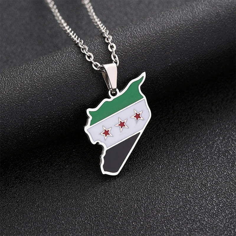 Stainless Steel Syria Map Flag Pendant Necklace - Fashionable Syrian Map Chain Jewelry for Women and Men - Hip-Hop Style Necklace Decoration.