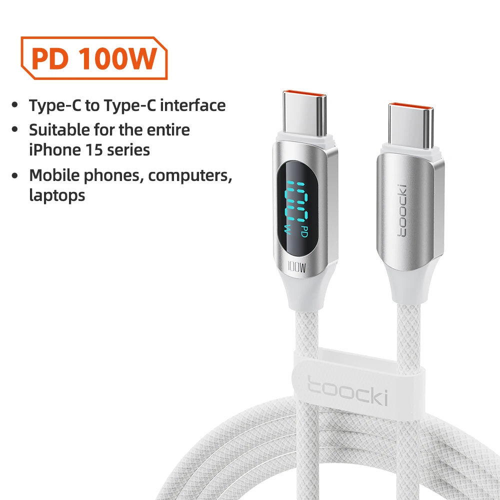 Toocki Type-C to Type-C Cable 100W PD Fast Charging - USB-C Display Cable Compatible with Xiaomi POCO F3, Realme, MacBook, and iPad