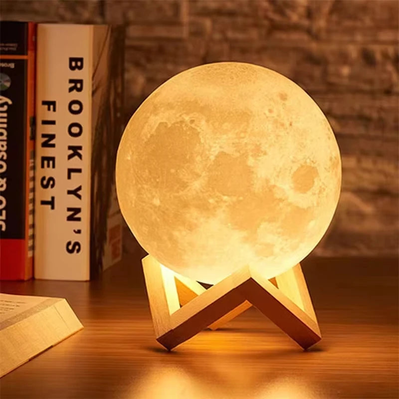 8cm Moon Lamp LED Night Light - Battery Powered with Stand - Starry Lamp for Bedroom Decor