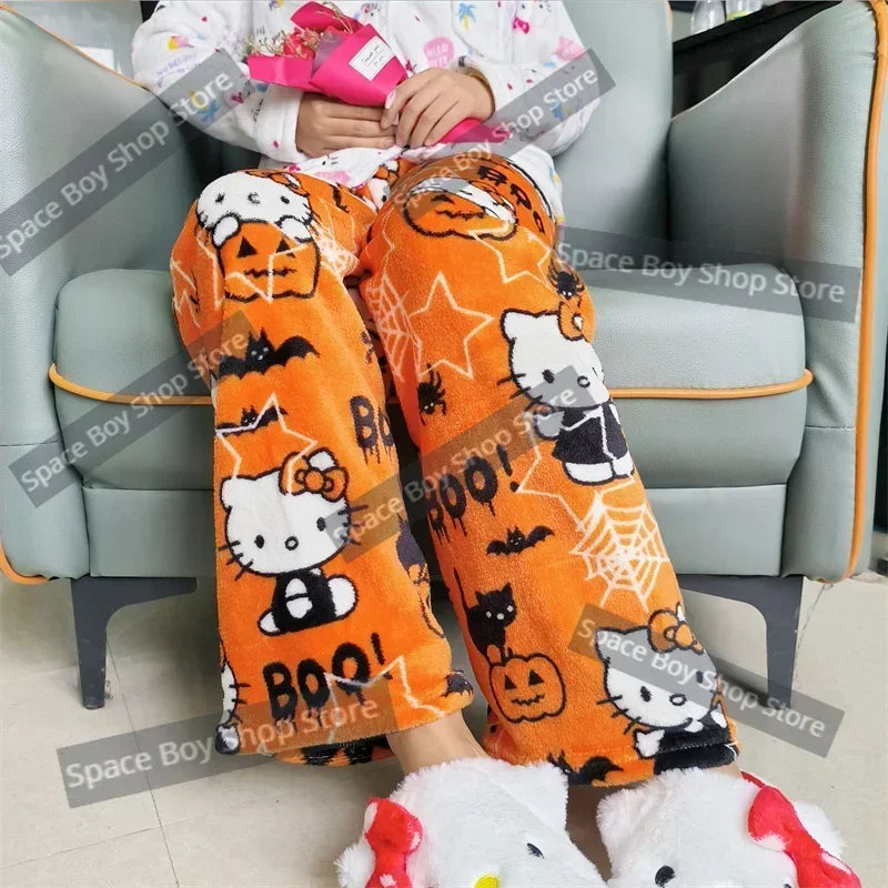 Thick Hello Kitty Pajama Pants - Sanrio Anime Fleece Double Elastic Fabric Soft Trousers for Women - Cute Cartoon Design Perfect for Birthday Gifts.