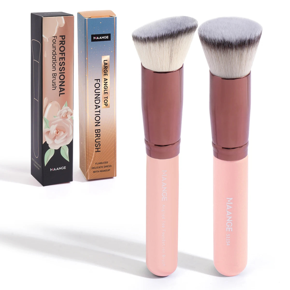 MAANGE 2PCS Foundation Brush Set - Flat Angled Kabuki and Powder Blush Brushes with Soft Bristles for Liquid Makeup - Professional Cosmetic Tools.