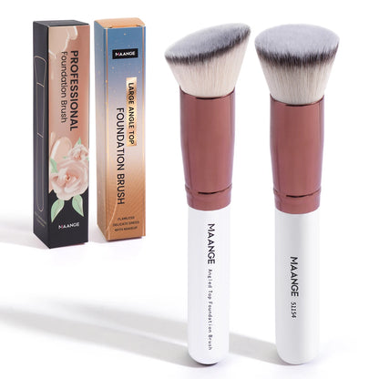 MAANGE 2PCS Foundation Brush Set - Flat Angled Kabuki and Powder Blush Brushes with Soft Bristles for Liquid Makeup - Professional Cosmetic Tools.