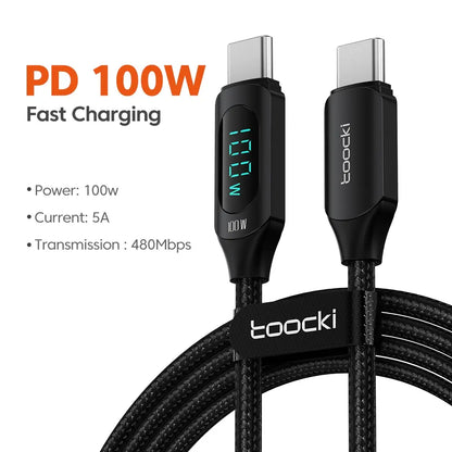 Toocki Type-C to Type-C Cable 100W PD Fast Charging - USB-C Display Cable Compatible with Xiaomi POCO F3, Realme, MacBook, and iPad