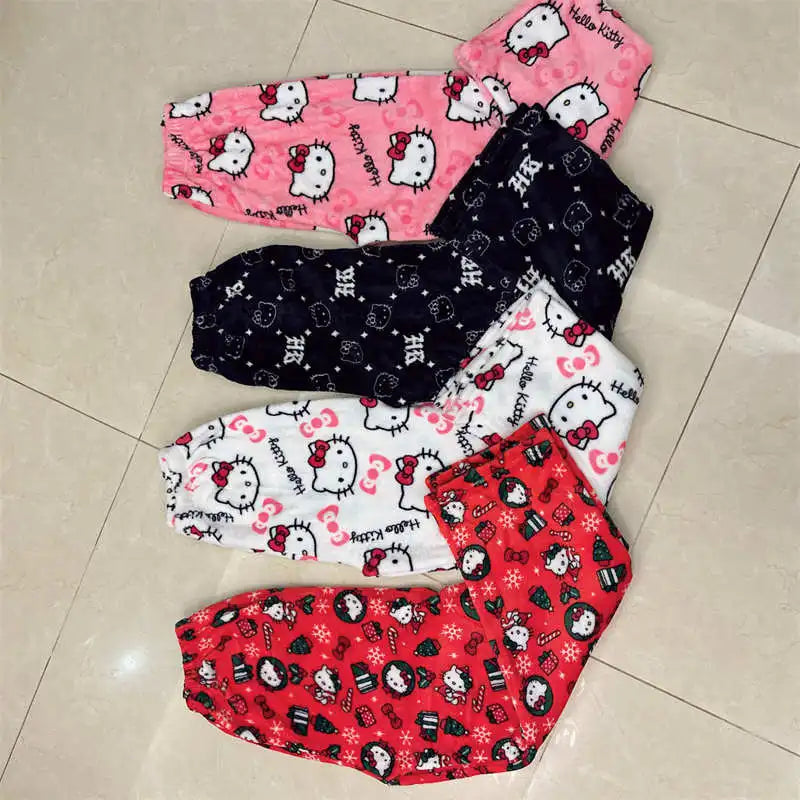 Thick Hello Kitty Pajama Pants - Sanrio Anime Fleece Double Elastic Fabric Soft Trousers for Women - Cute Cartoon Design Perfect for Birthday Gifts.