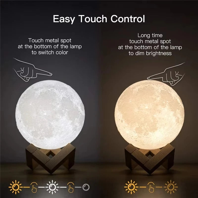 8cm Moon Lamp LED Night Light - Battery Powered with Stand - Starry Lamp for Bedroom Decor