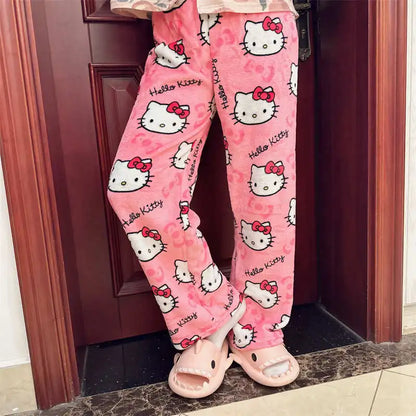 Thick Hello Kitty Pajama Pants - Sanrio Anime Fleece Double Elastic Fabric Soft Trousers for Women - Cute Cartoon Design Perfect for Birthday Gifts.