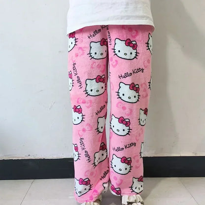 Thick Hello Kitty Pajama Pants - Sanrio Anime Fleece Double Elastic Fabric Soft Trousers for Women - Cute Cartoon Design Perfect for Birthday Gifts.