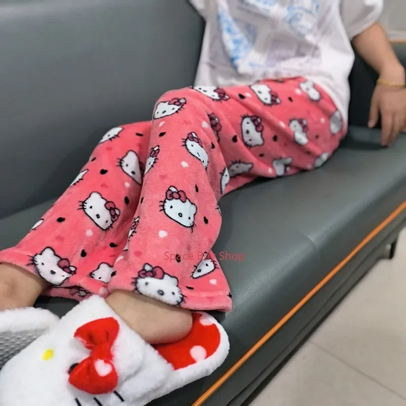 Thick Hello Kitty Pajama Pants - Sanrio Anime Fleece Double Elastic Fabric Soft Trousers for Women - Cute Cartoon Design Perfect for Birthday Gifts.