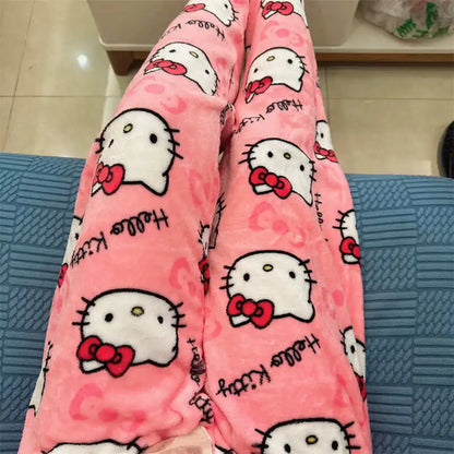 Thick Hello Kitty Pajama Pants - Sanrio Anime Fleece Double Elastic Fabric Soft Trousers for Women - Cute Cartoon Design Perfect for Birthday Gifts.