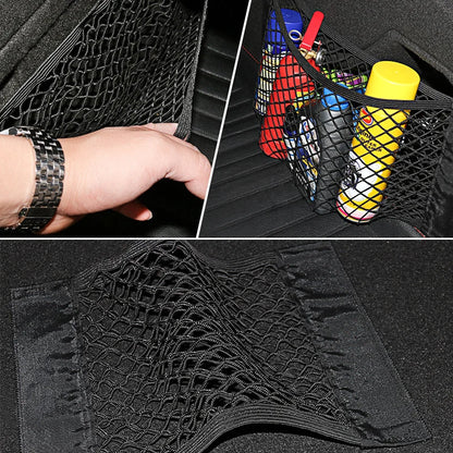 Car Rear Back Mesh Trunk Seat Organizer - Elastic String Net with Magic Sticker, Universal Storage Pocket for Seat Back - Auto Organizer Bag.