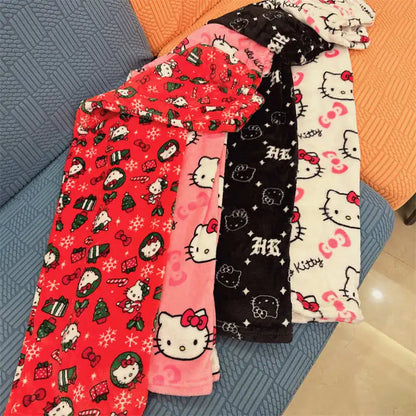 Thick Hello Kitty Pajama Pants - Sanrio Anime Fleece Double Elastic Fabric Soft Trousers for Women - Cute Cartoon Design Perfect for Birthday Gifts.