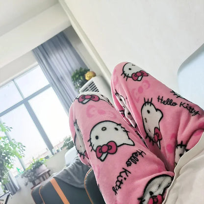 Thick Hello Kitty Pajama Pants - Sanrio Anime Fleece Double Elastic Fabric Soft Trousers for Women - Cute Cartoon Design Perfect for Birthday Gifts.