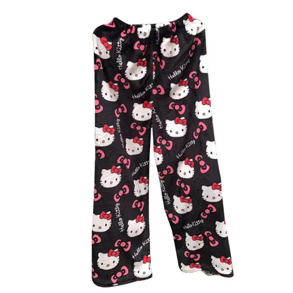 Thick Hello Kitty Pajama Pants - Sanrio Anime Fleece Double Elastic Fabric Soft Trousers for Women - Cute Cartoon Design Perfect for Birthday Gifts.