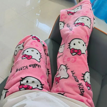 Thick Hello Kitty Pajama Pants - Sanrio Anime Fleece Double Elastic Fabric Soft Trousers for Women - Cute Cartoon Design Perfect for Birthday Gifts.