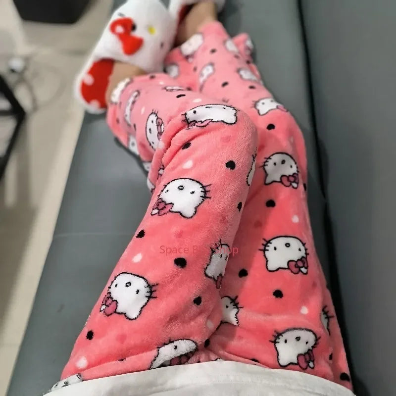 Thick Hello Kitty Pajama Pants - Sanrio Anime Fleece Double Elastic Fabric Soft Trousers for Women - Cute Cartoon Design Perfect for Birthday Gifts.