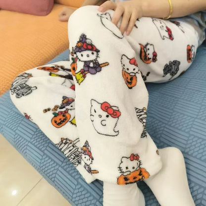 Thick Hello Kitty Pajama Pants - Sanrio Anime Fleece Double Elastic Fabric Soft Trousers for Women - Cute Cartoon Design Perfect for Birthday Gifts.