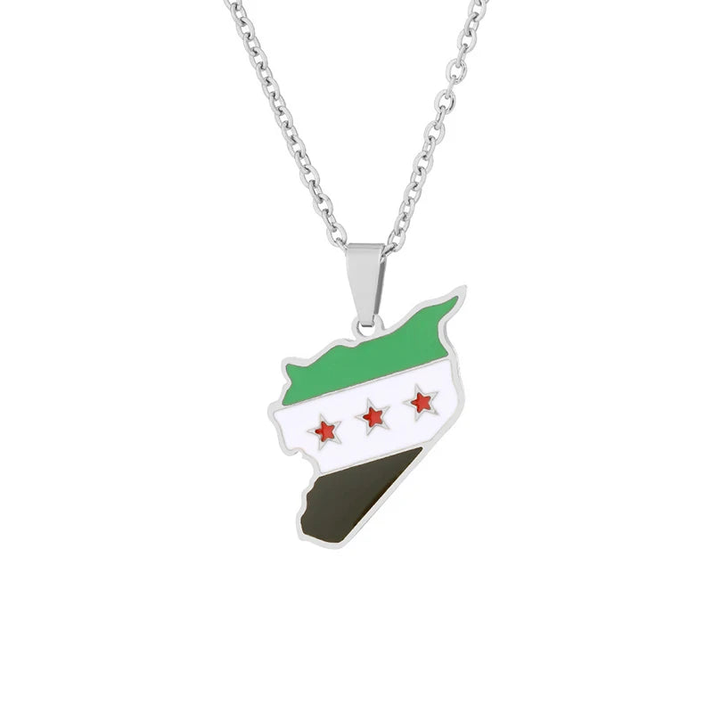 Stainless Steel Syria Map Flag Pendant Necklace - Fashionable Syrian Map Chain Jewelry for Women and Men - Hip-Hop Style Necklace Decoration.