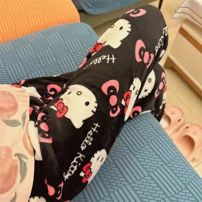 Thick Hello Kitty Pajama Pants - Sanrio Anime Fleece Double Elastic Fabric Soft Trousers for Women - Cute Cartoon Design Perfect for Birthday Gifts.