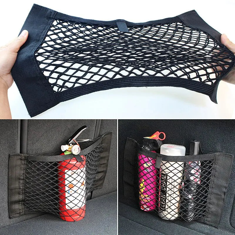 Car Rear Back Mesh Trunk Seat Organizer - Elastic String Net with Magic Sticker, Universal Storage Pocket for Seat Back - Auto Organizer Bag.