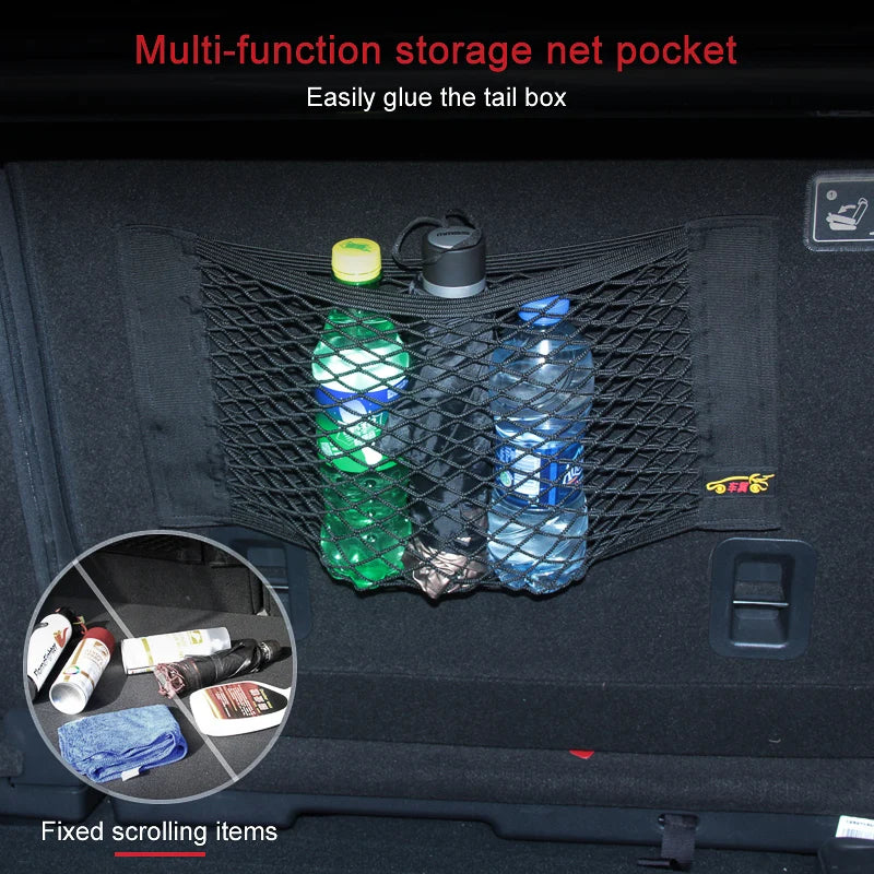 Car Rear Back Mesh Trunk Seat Organizer - Elastic String Net with Magic Sticker, Universal Storage Pocket for Seat Back - Auto Organizer Bag.