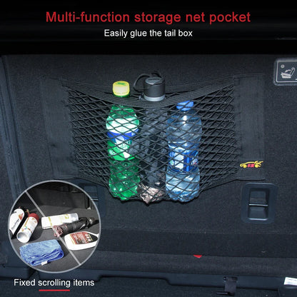 Car Rear Back Mesh Trunk Seat Organizer - Elastic String Net with Magic Sticker, Universal Storage Pocket for Seat Back - Auto Organizer Bag.