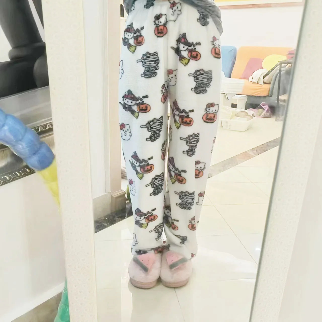 Thick Hello Kitty Pajama Pants - Sanrio Anime Fleece Double Elastic Fabric Soft Trousers for Women - Cute Cartoon Design Perfect for Birthday Gifts.