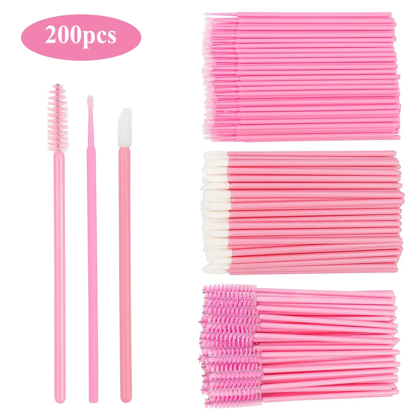 200pcs Disposable Brush Set - Mascara Wands, Lip Brushes, and Microbrush Applicators for Eyelash Extensions and Eyebrow Makeup Tools.