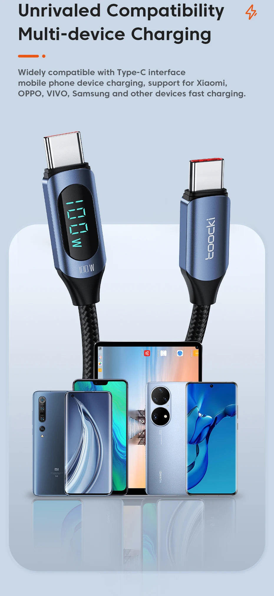 Toocki Type-C to Type-C Cable 100W PD Fast Charging - USB-C Display Cable Compatible with Xiaomi POCO F3, Realme, MacBook, and iPad